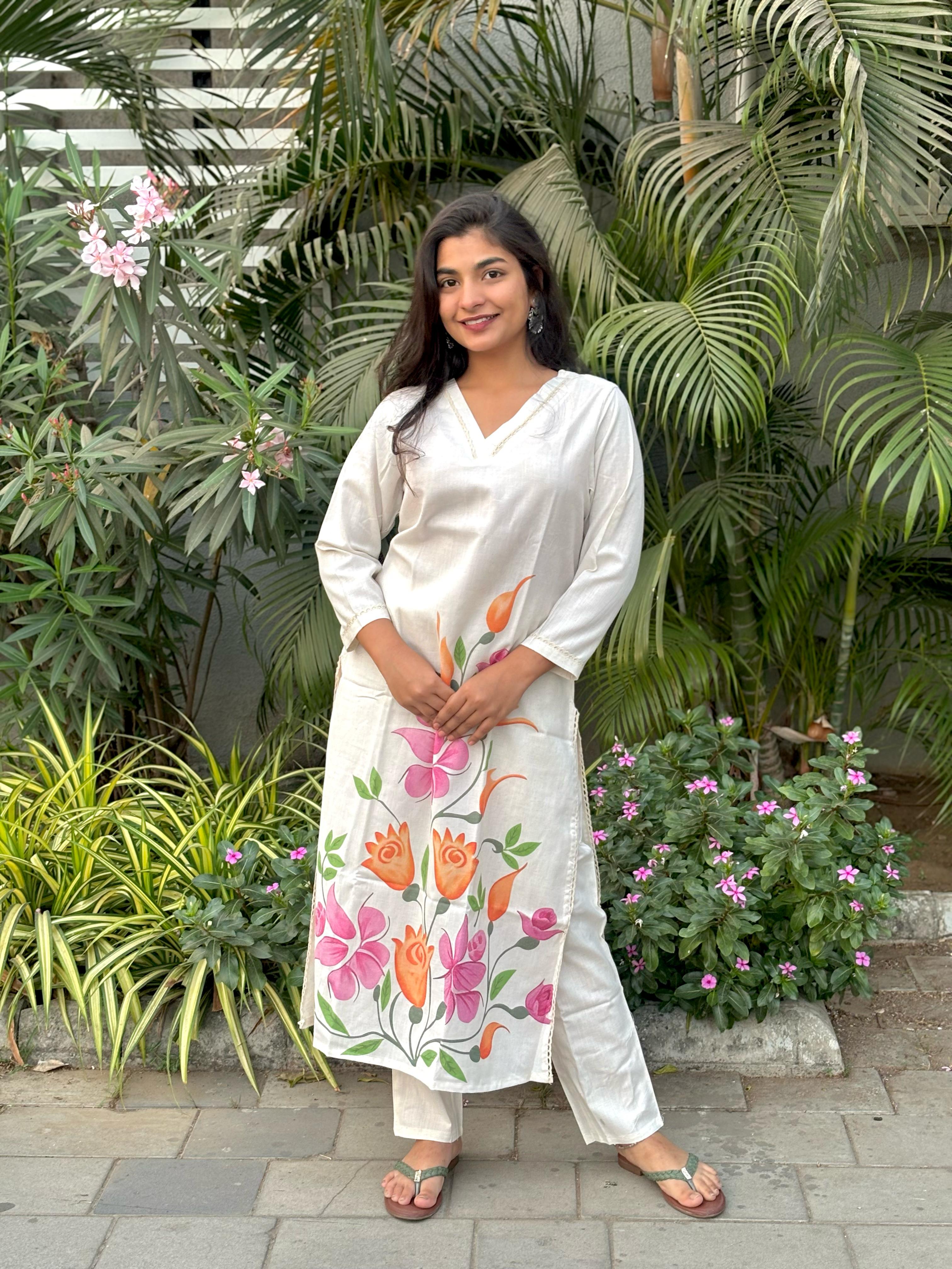 Hand-Painted Floral Khadi Co-Ord Set